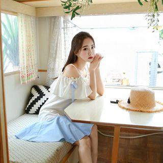 Off-shoulder Elbow-sleeve Ruffle-hem Two-tone Dress