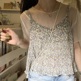 Set: Short-sleeve Top + Spaghetti Strap Floral Top Spaghetti Strap Top - Floral & Short Sleeve Top - One Size