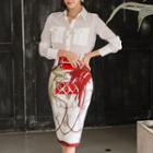 Set: Long-sleeve Pocket-accent Blouse + Printed Pencil Skirt
