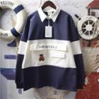 Bear Embroidered Polo Sweatshirt White & Navy Blue - One Size