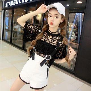 Set : Crocheted Short-sleeve T-shirt / Suspender Shorts