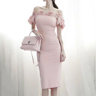 Off Shoulder Frilled Midi Sheath Dress