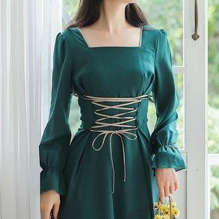 Lace-up Square-neck Long-sleeve Midi A-line Dress