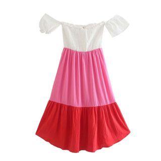 Off-shoulder Color Block Midi A-line Dress