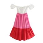 Off-shoulder Color Block Midi A-line Dress