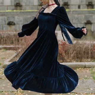 Balloon-sleeve Smocked Velvet Midi A-line Dress