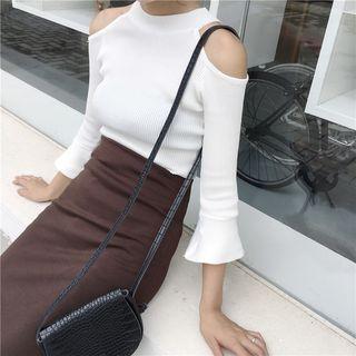 Open Shoulder Elbow-sleeve Knit Sweater