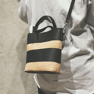 Faux Leather Panel Straw Bucket Bag
