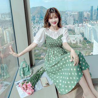 Short-sleeve Dotted Shirred Panel Midi A-line Dress