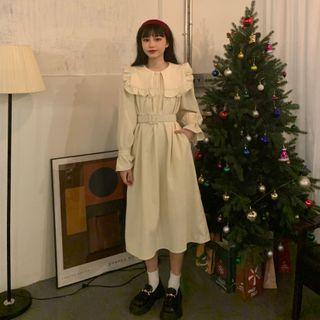 Ruffle Trim Collar Midi A-line Dress Almond - One Size
