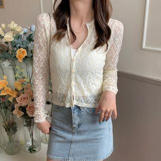 Bubble Long-sleeve Mesh Lace Top
