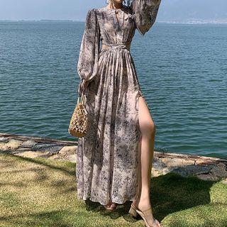 Puff-sleeve Flower Print Cut-out Maxi A-line Dress