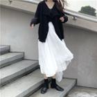 Long-sleeve Knit Cardigan / Asymmetric High-waist Ruffled Skirt
