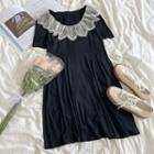 Short-sleeve Lace Trim A-line Midi Dress Black - One Size