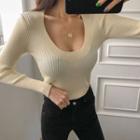 Scoop-neck Fitted Rib-knit Top
