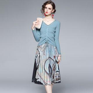 Set: Long Sleeve V Neck Drawstring Knit Top + Print Pleated A-line Skirt