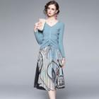 Set: Long Sleeve V Neck Drawstring Knit Top + Print Pleated A-line Skirt