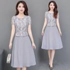 Short-sleeve Lace Paneled A-line Chiffon Dress