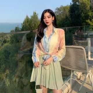 Rainbow Striped Long-sleeve Shirt / Accordion Pleated Mini A-line Skirt