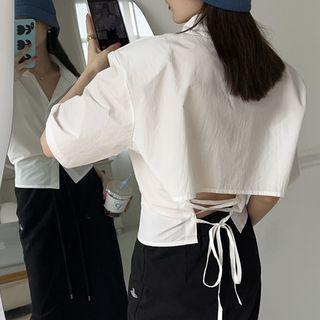 Short-sleeve Lace-up Back Shirt White - One Size