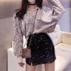 Sequin Pullover / Patent Pencil Skirt