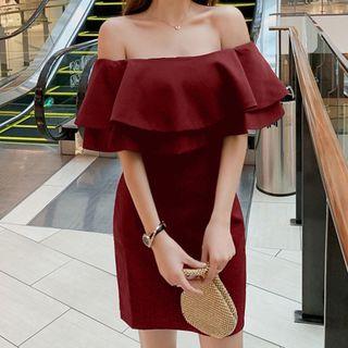 Elbow-sleeve Off Shoulder Ruffled Mini Pencil Dress