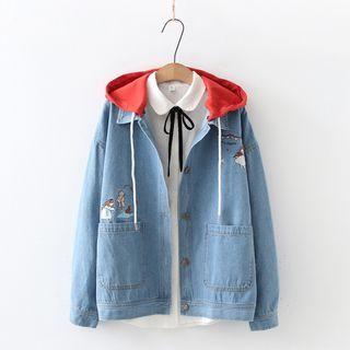 Cartoon Embroidered Hooded Denim Jacket