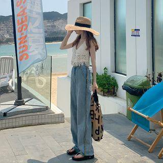 Plain Fringed Camisole / High-waist Frayed Straight Cut Jeans