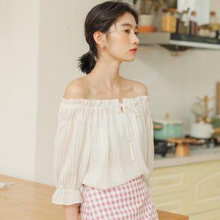 Elbow-sleeve Off Shoulder Blouse White - One Size