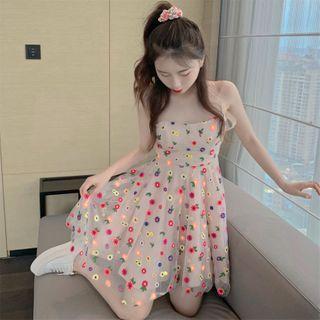 Floral Embroidered Sleeveless Mini A-line Mesh Dress