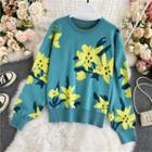 Round-neck Flower-printed Knitted Sweater