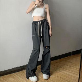 Lettering Distressed Wide-leg Pants
