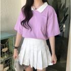 Short-sleeve Contrast Collar T-shirt Purple - One Size