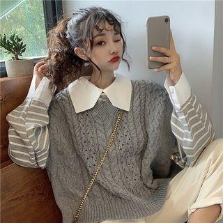 Striped Collared Long-sleeve T-shirt / Cable-knit Vest