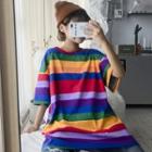 Striped Elbow-sleeve T-shirt Rainbow - One Size
