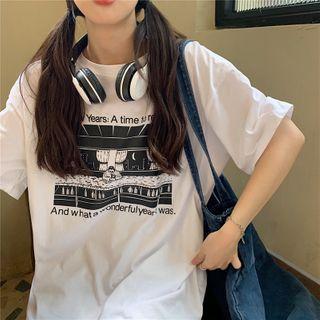 Elbow-sleeve Print T-shirt Black & White - One Size