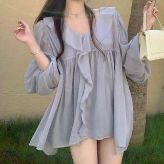 Set: Ruffle Chiffon Blouse + Camisole Set - Blouse & Camisole - Purple - One Size