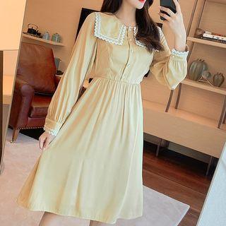 Long-sleeve Lace-trim Collared Dress