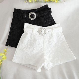 High-waist Wide-leg Shorts With Rhinestone Buckle Belt