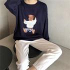 Long-sleeve Bear Embroidered Sweater Dark Blue - One Size