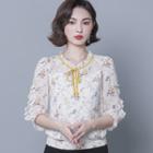 Elbow-sleeve Ruffle Trim Bow Floral Chiffon Blouse