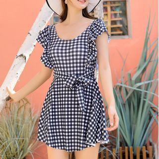 Sleeveless Ruffle Trim Gingham Swimdress