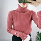 Faux-fur Trim Turtleneck Long-sleeve Knit Top