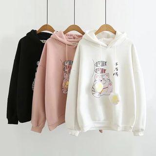 Cat Print Pom Pom Hoodie