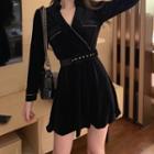 Belted Velvet Long-sleeve A-line Mini Dress