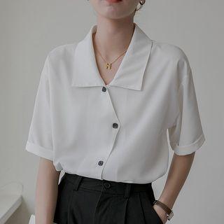 Elbow-sleeve Collar Asymmetrical Button-up Blouse