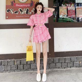Plaid Puff-sleeve Cutout Lace Up Shirt Dress Pink - Dress - One Size