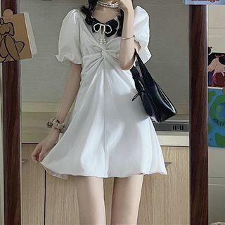 Puff-sleeve Twisted Mini A-line Dress