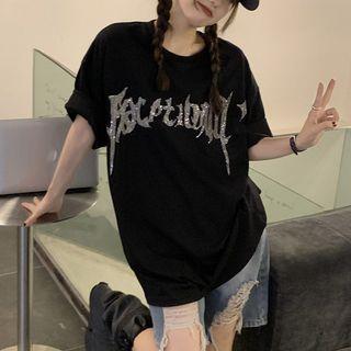 Short-sleeve Rhinestone Lettering Oversized T-shirt Black - One Size