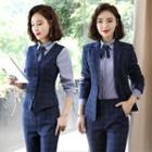 One-button Plaid Blazer / Plaid Straight-cut Pants / Plaid Buttoned Vest / Tie-neck Blouse / Set